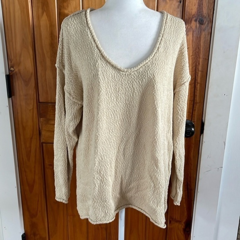 Aerie Scoop Neck Cotton Pullover Oversized Sweater Beige Tan Neutral Medium